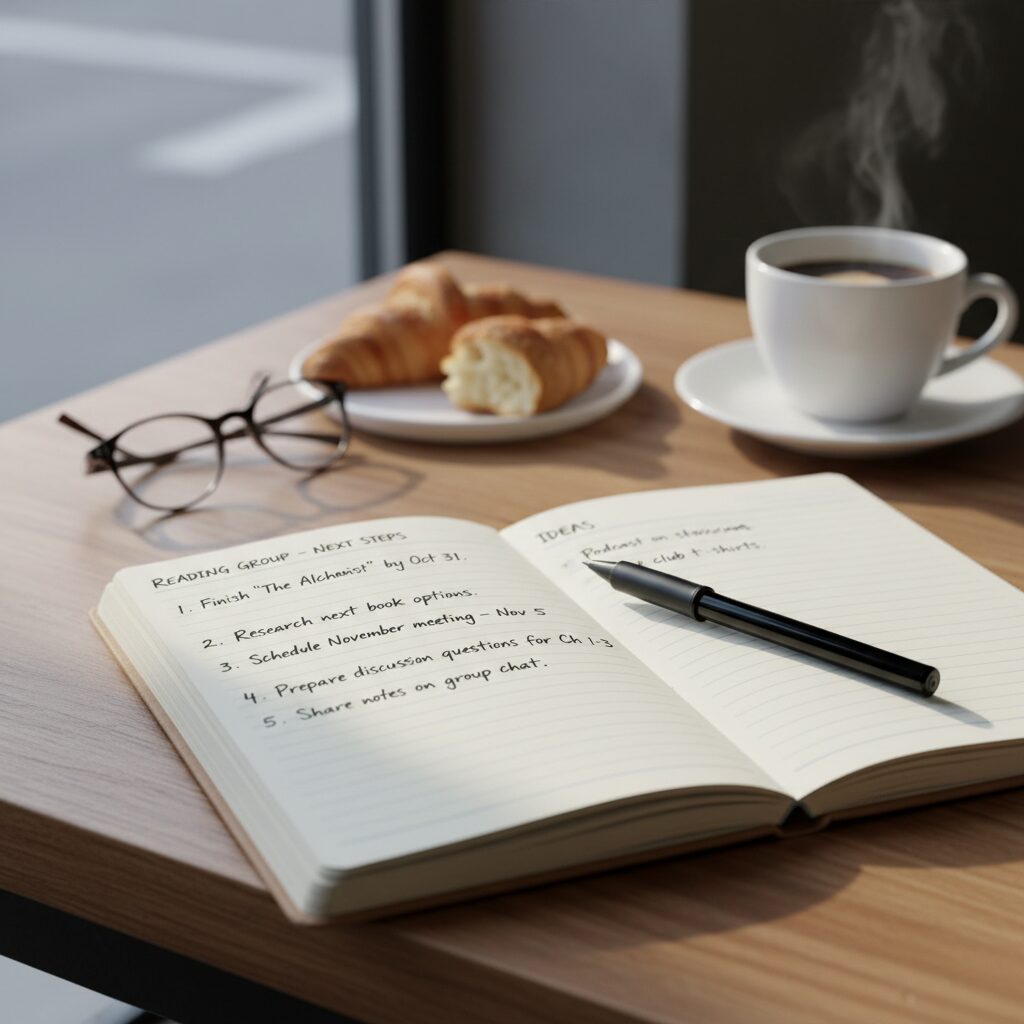 독서 모임 후 작성한 액션 플랜이 적힌 노트와 펜