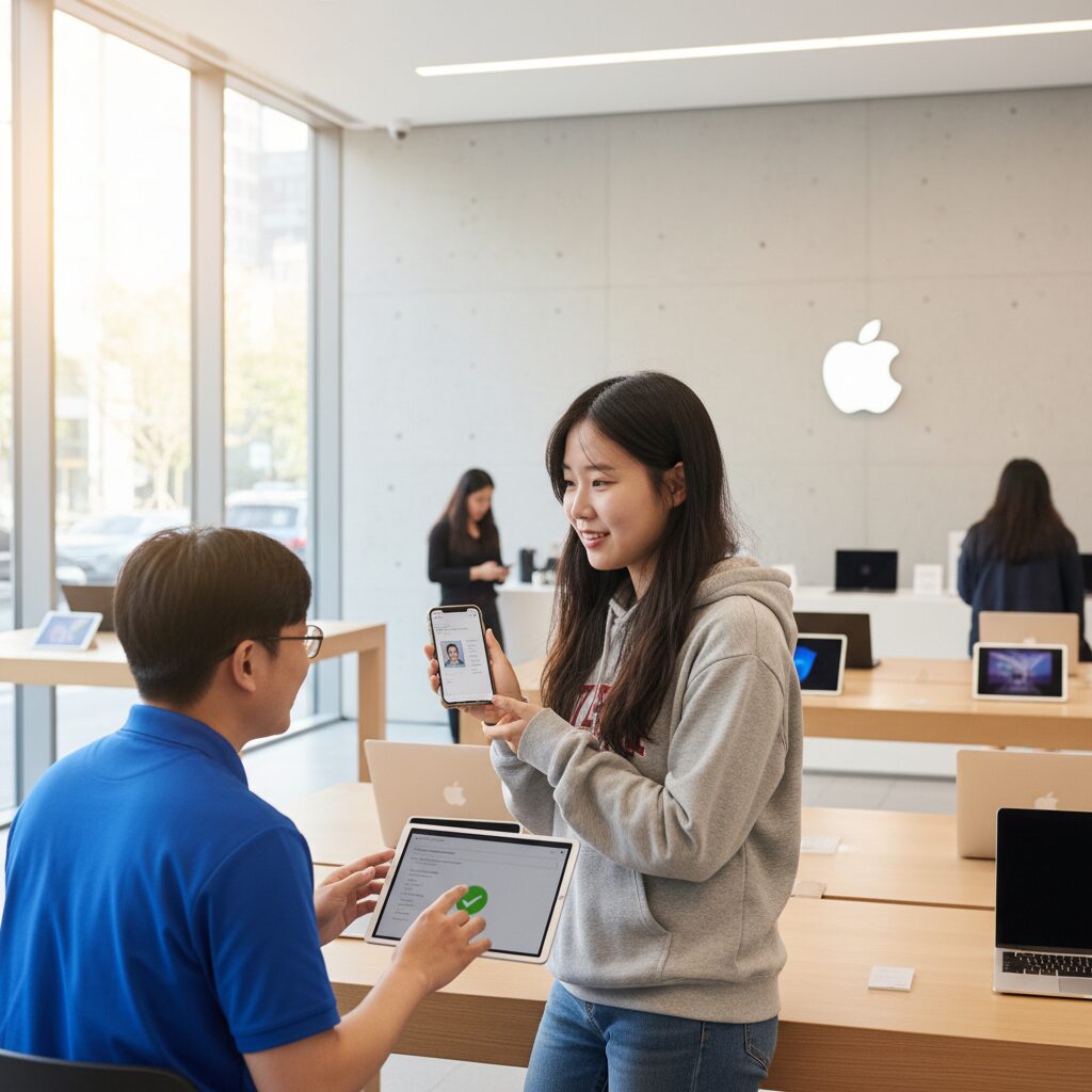 애플 교육 스토어에서 신분을 인증하는 과정을 보여주는 이미지