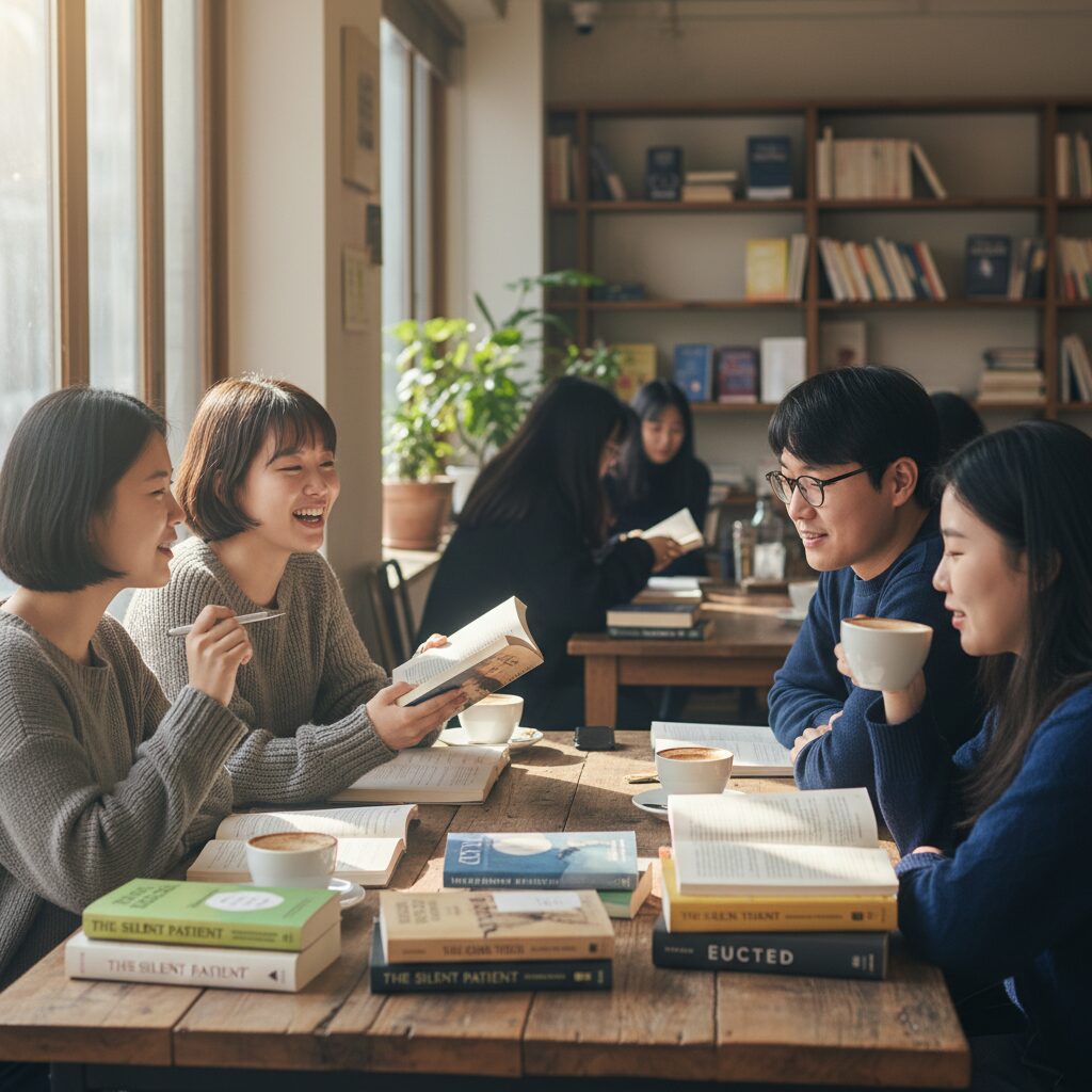 독서 모임에서 사람들이 책을 보며 활발하게 대화하고 있는 모습