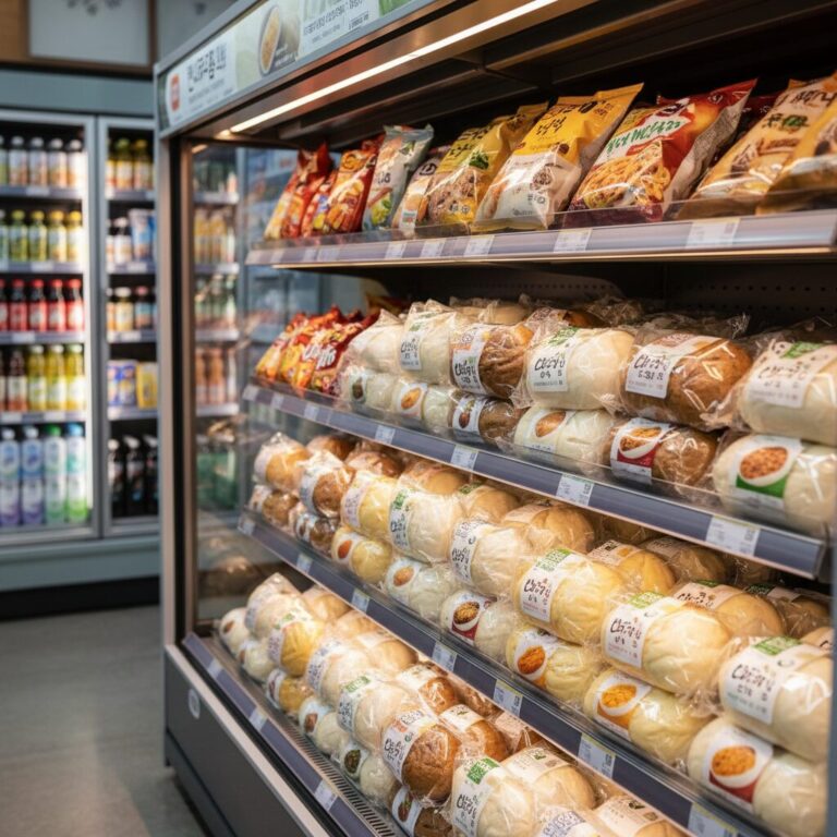 편의점 진열대에 다양한 종류의 호빵이 진열되어 있는 모습