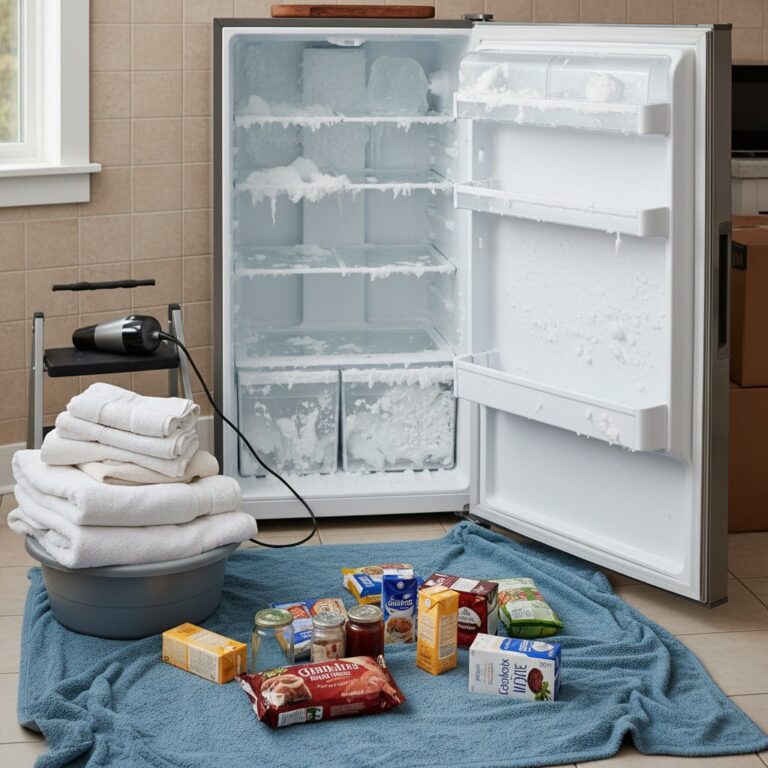 이사 전 냉장고 성에 제거를 위한 식품 비우기 및 타월 준비 사진