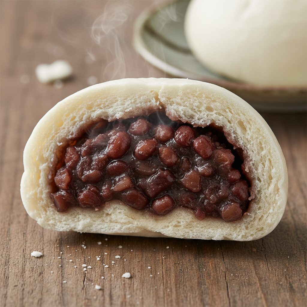 호빵을 가로로 잘라 속에 들어있는 통팥 소스를 클로즈업한 사진