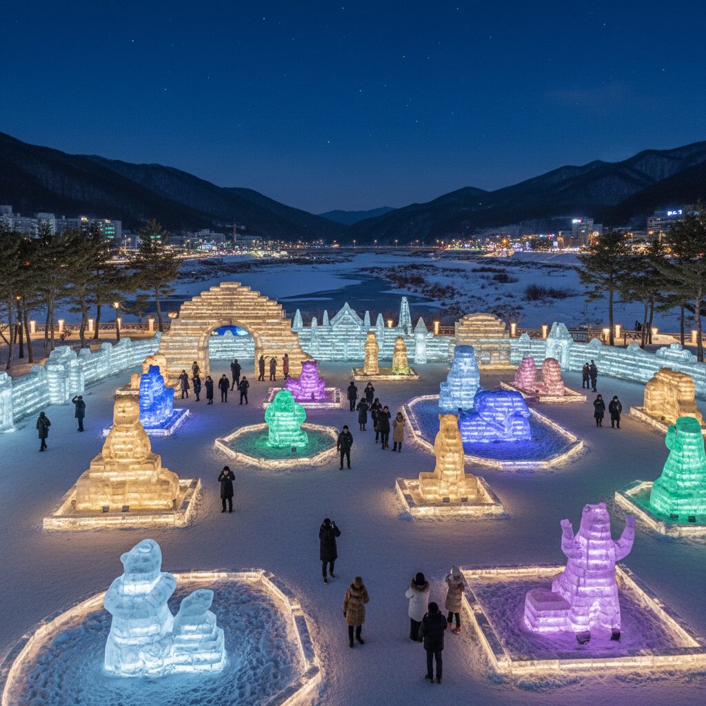화천 산천어 축제 근처 얼음조각광장의 아름다운 야경