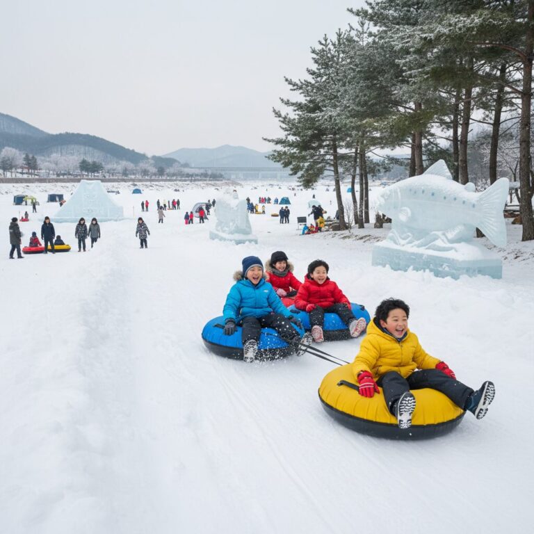 화천 산천어 축제 눈썰매장에서 튜브썰매를 타는 아이들