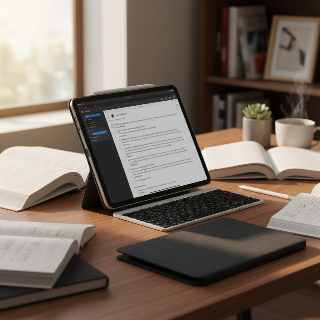 아이패드, 애플 펜슬, 키보드, 케이스가 책상 위에 놓인 학습 세팅