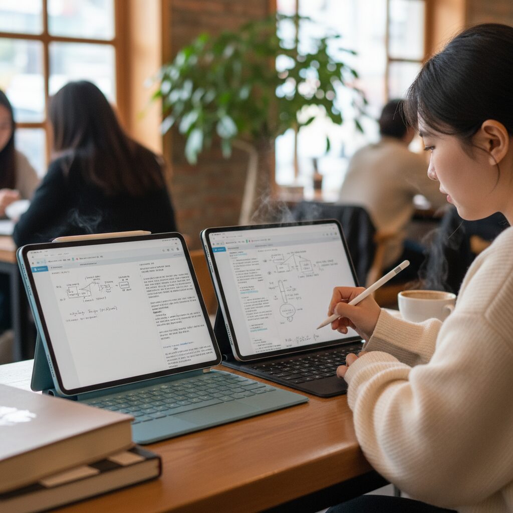 아이패드 에어와 아이패드 프로를 나란히 놓고 학생이 필기하는 모습