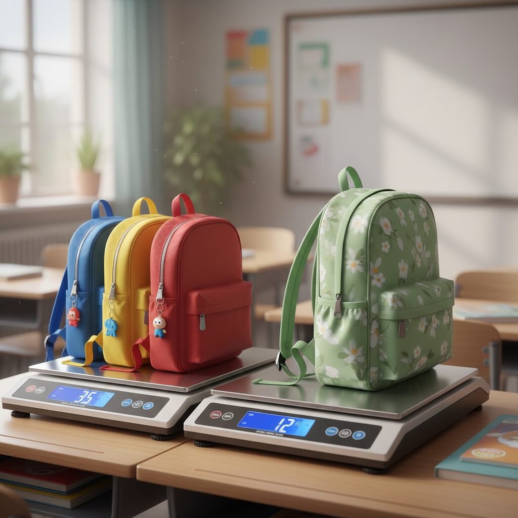 가벼운 초등학생 책가방 여러 개를 저울에 올려 무게를 비교하는 사진