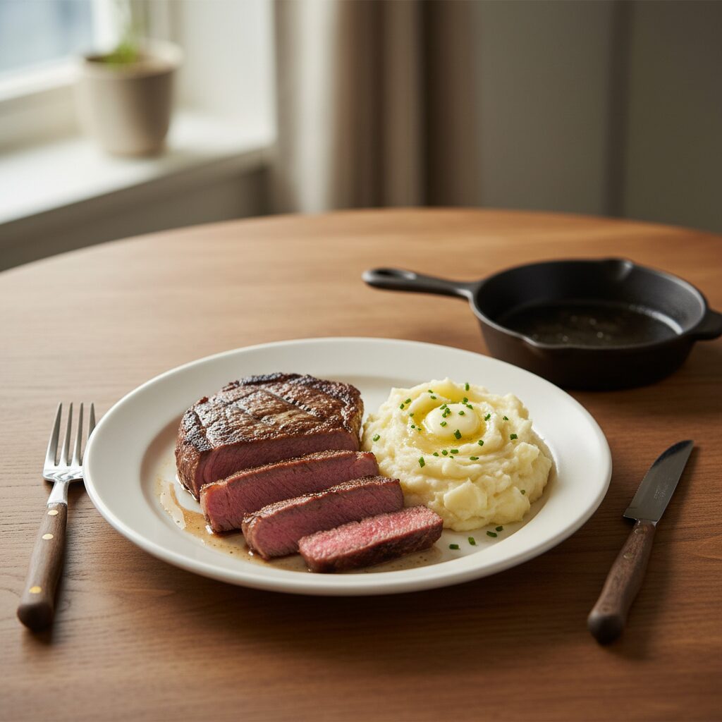 리틀넥 스테이크 키트 완성된 접시에 담긴 스테이크와 메쉬드 포테이토