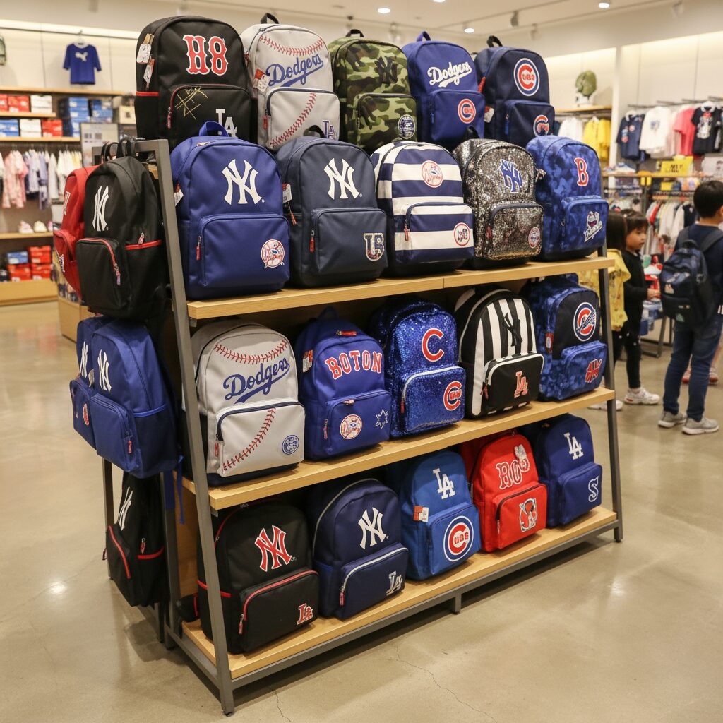 MLB 키즈 다양한 디자인의 초등학생 책가방 진열장 사진