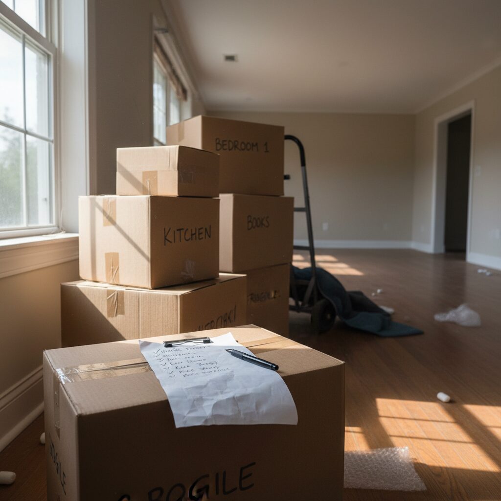 이사 당일 체크리스트와 포장된 박스 사진