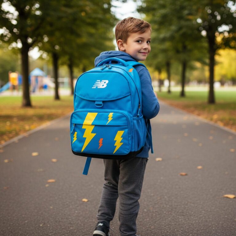뉴발란스 키즈 라이팅스 백팩 실물 사진 아이가 메고 있는 모습