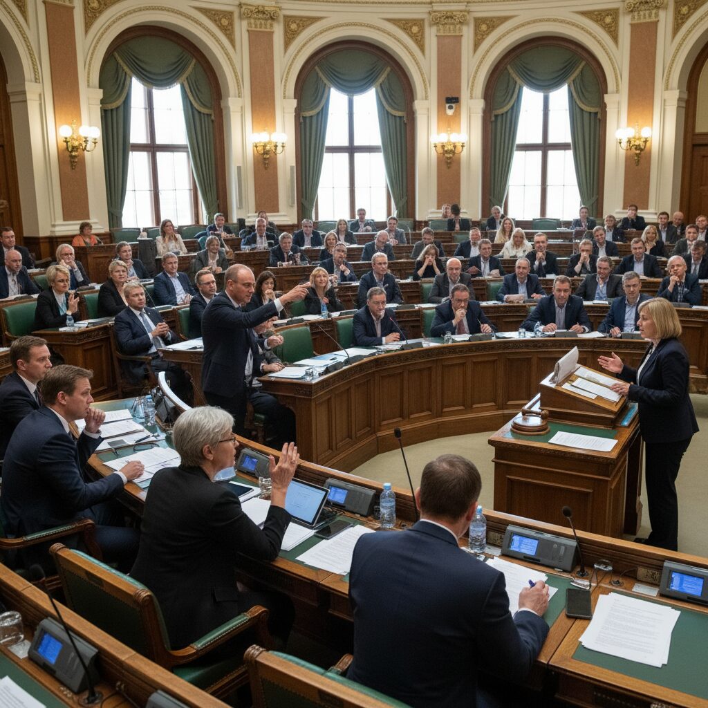 국회 회의장에서 의원들이 토론을 벌이는 심의 장면