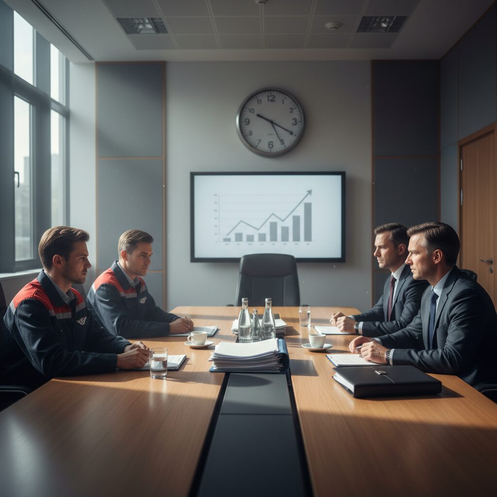 철도노조와 정부 대표가 협상 테이블에 앉아 회의를 진행하는 모습