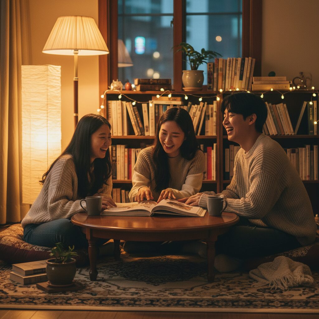 따뜻한 조명 아래에서 함께 책을 읽고 웃고 있는 사람들