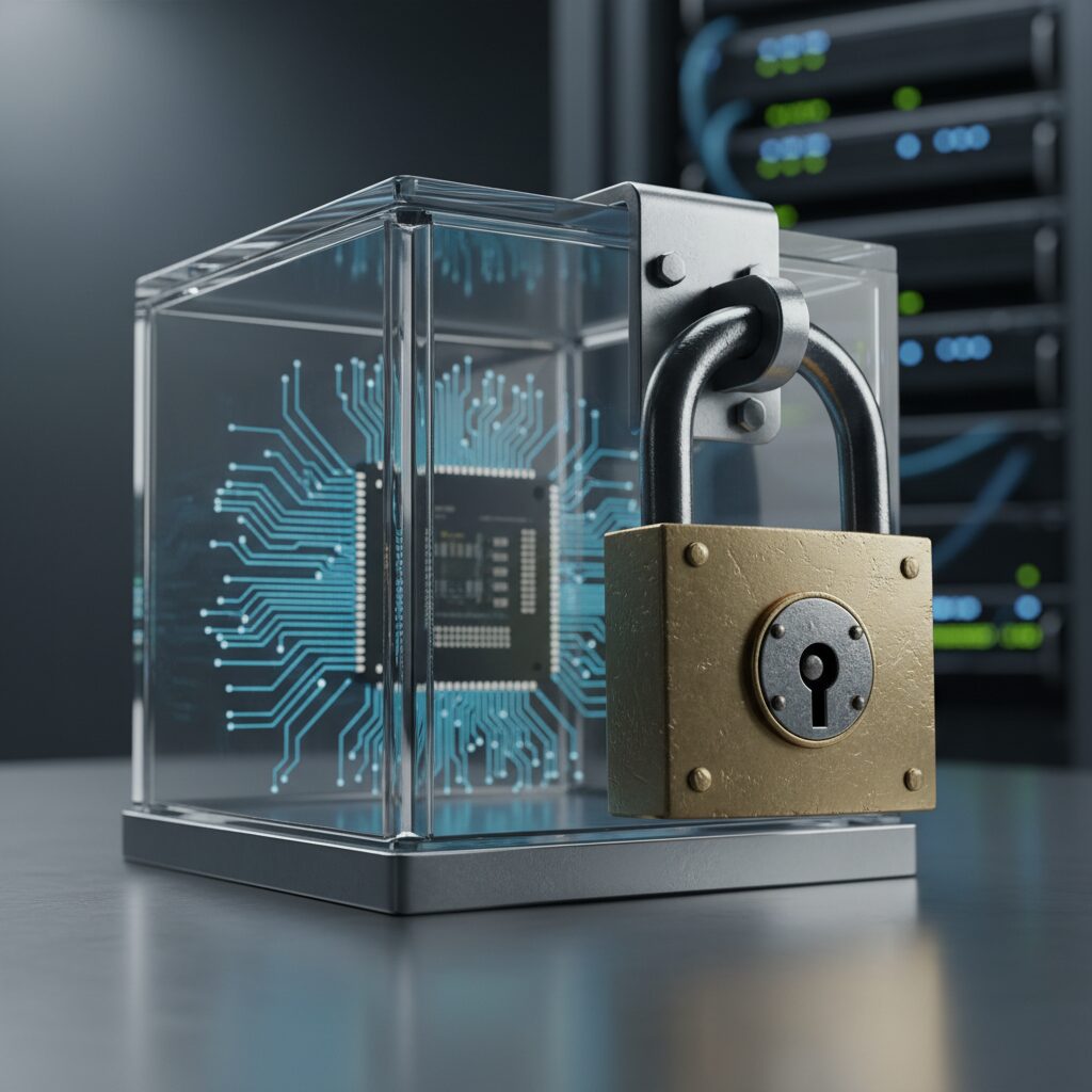 자물쇠로 보호되는 반도체 칩을 형상화한 개념 이미지
