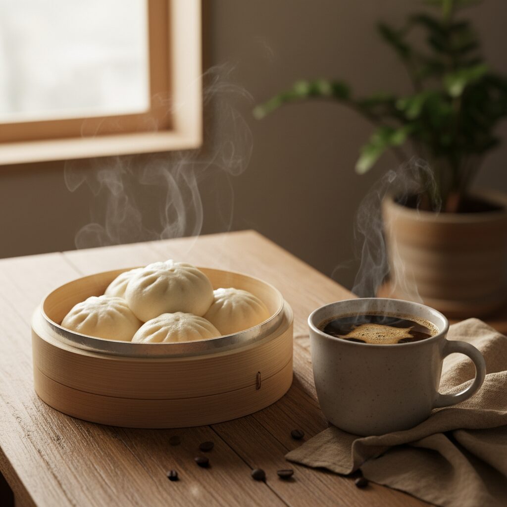 찜기에 데워진 호빵과 따뜻한 커피 한 잔이 테이블 위에 놓여 있는 아늑한 모습