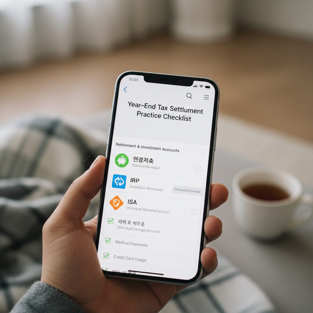 연말정산 실천 체크리스트 스마트폰 화면에 연금저축 IRP ISA 확인 및 가입 항목