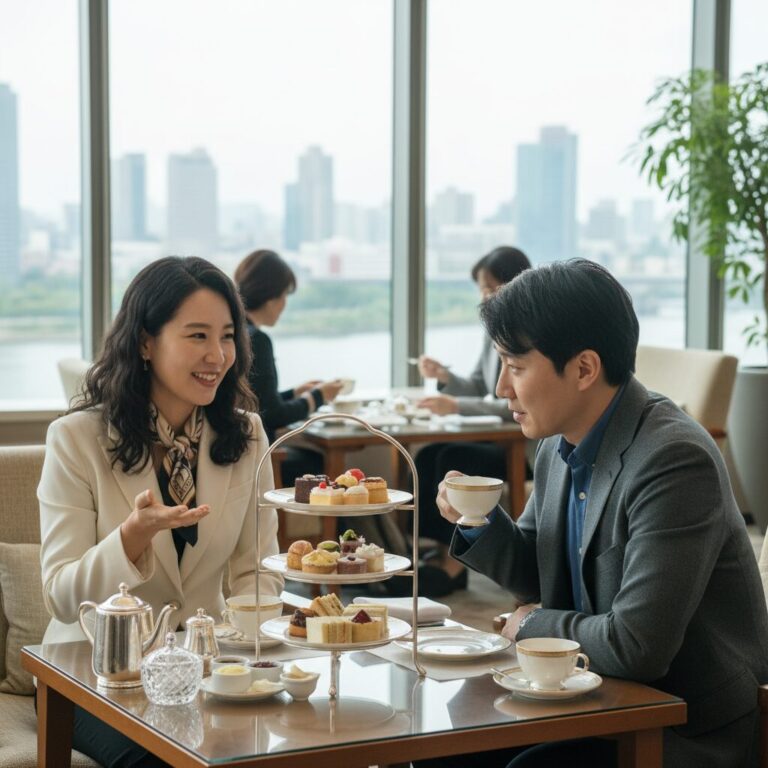 호텔 라운지에서 애프터눈티를 즐기며 대화하는 두 사람의 모습