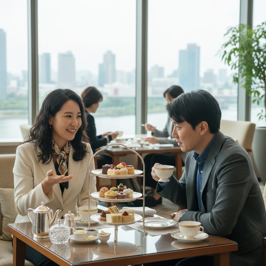 호텔 라운지에서 애프터눈티를 즐기며 대화하는 두 사람의 모습