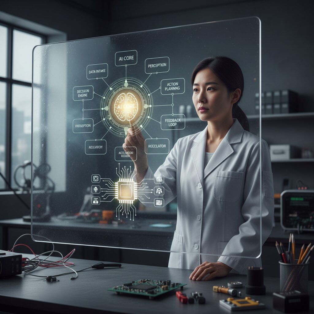 AI 에이전트 개념도와 이를 지원하는 반도체 칩 아이콘