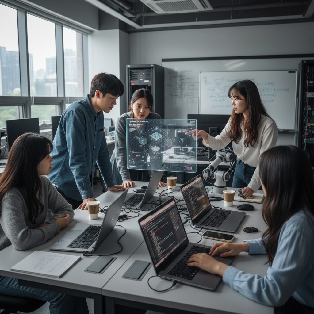 AI 교육을 받는 대학원생들이 연구실에서 협업하는 모습