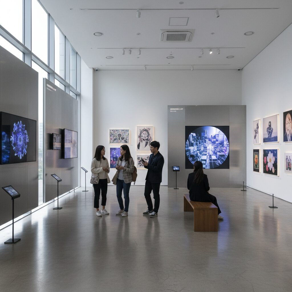 생성형 AI로 제작한 다양한 포트폴리오 작품들이 전시되어 있는 모습