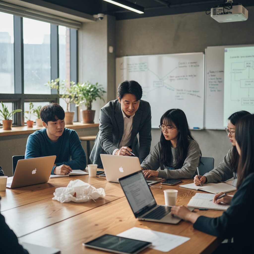 소수정예로 진행되는 생성형 AI 프롬프트 수업 현장에서 강사가 학생을 지도하고 있다
