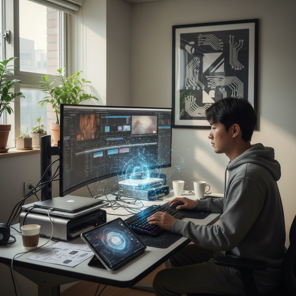 생성형 AI 툴을 사용하여 영상을 편집하고 제작하는 실습 장면