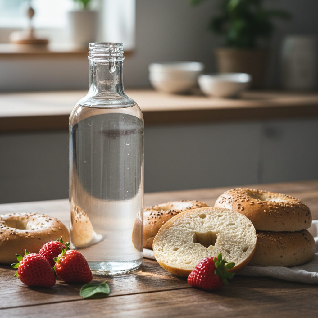 유리병에 담긴 투명한 알룰로스 시럽이 나무 테이블 위에 놓여있고, 주변에 베이글과 딸기가 있다