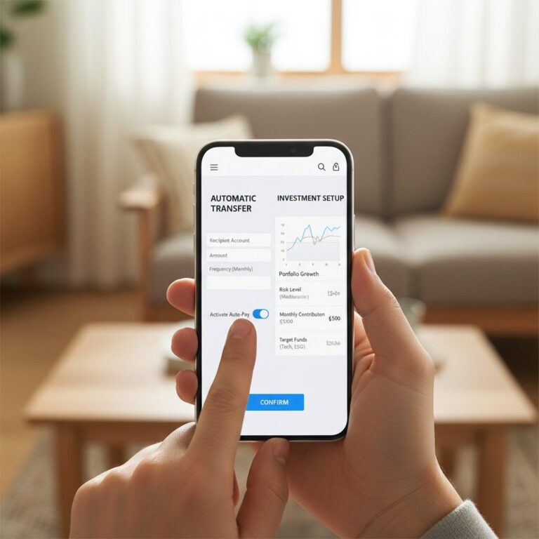 스마트폰 화면에서 자동 이체와 투자 설정을 하는 모습