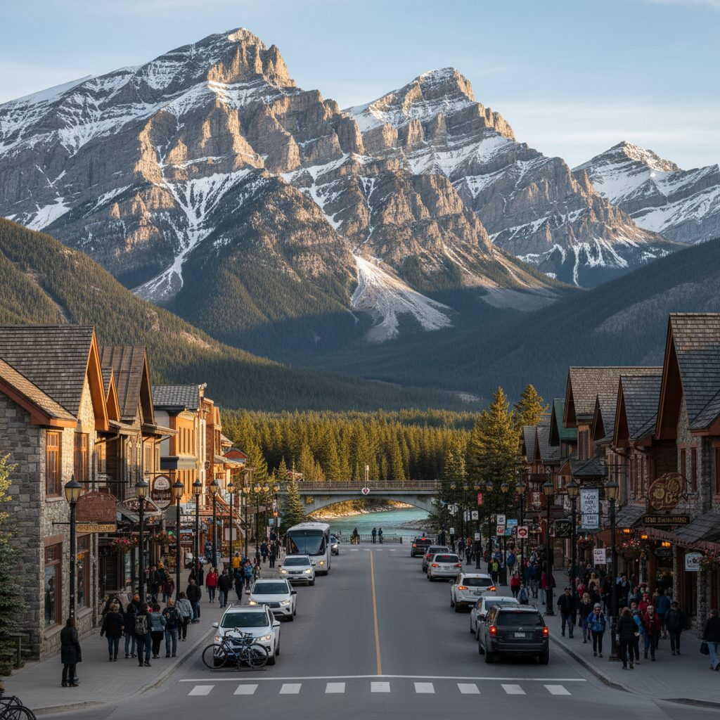 캐나다 밴프 마을 거리와 뒤편의 록키산맥