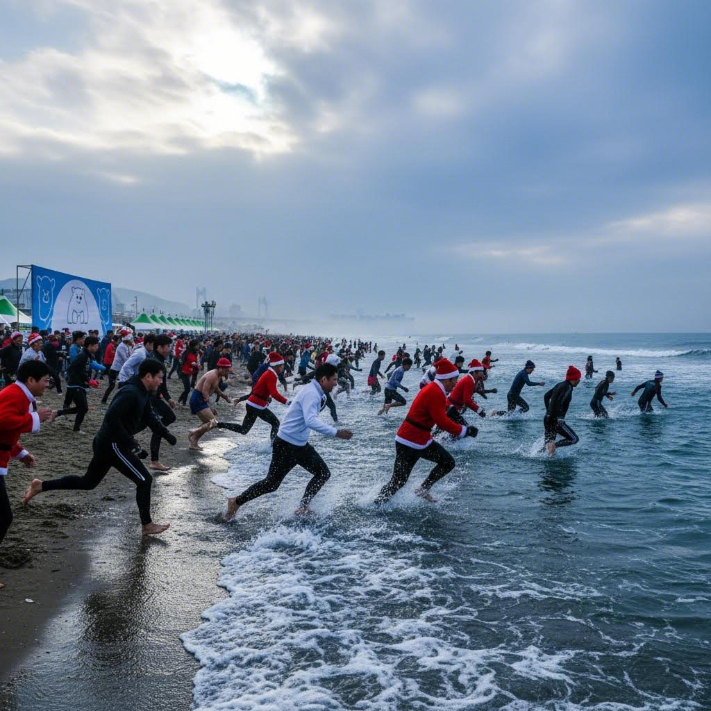 부산 북극곰축제에서 많은 사람들이 바다를 향해 달려가는 모습
