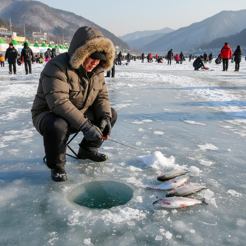 화천 산천어축제 얼음 구멍으로 산천어를 낚는 모습