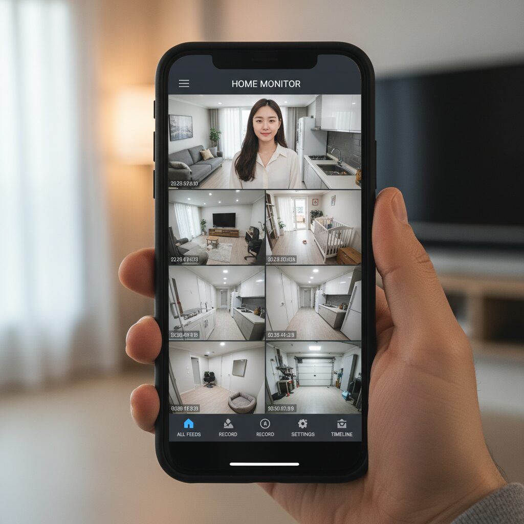 여러 대의 실내 CCTV 영상을 스마트폰 앱 하나로 동시에 모니터링하는 화면