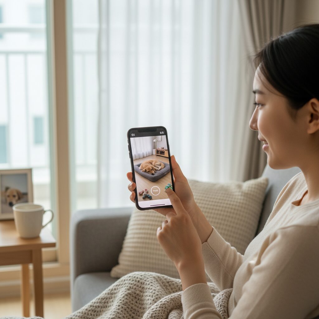 스마트폰 화면으로 집에 있는 강아지를 실내 CCTV로 지켜보는 모습