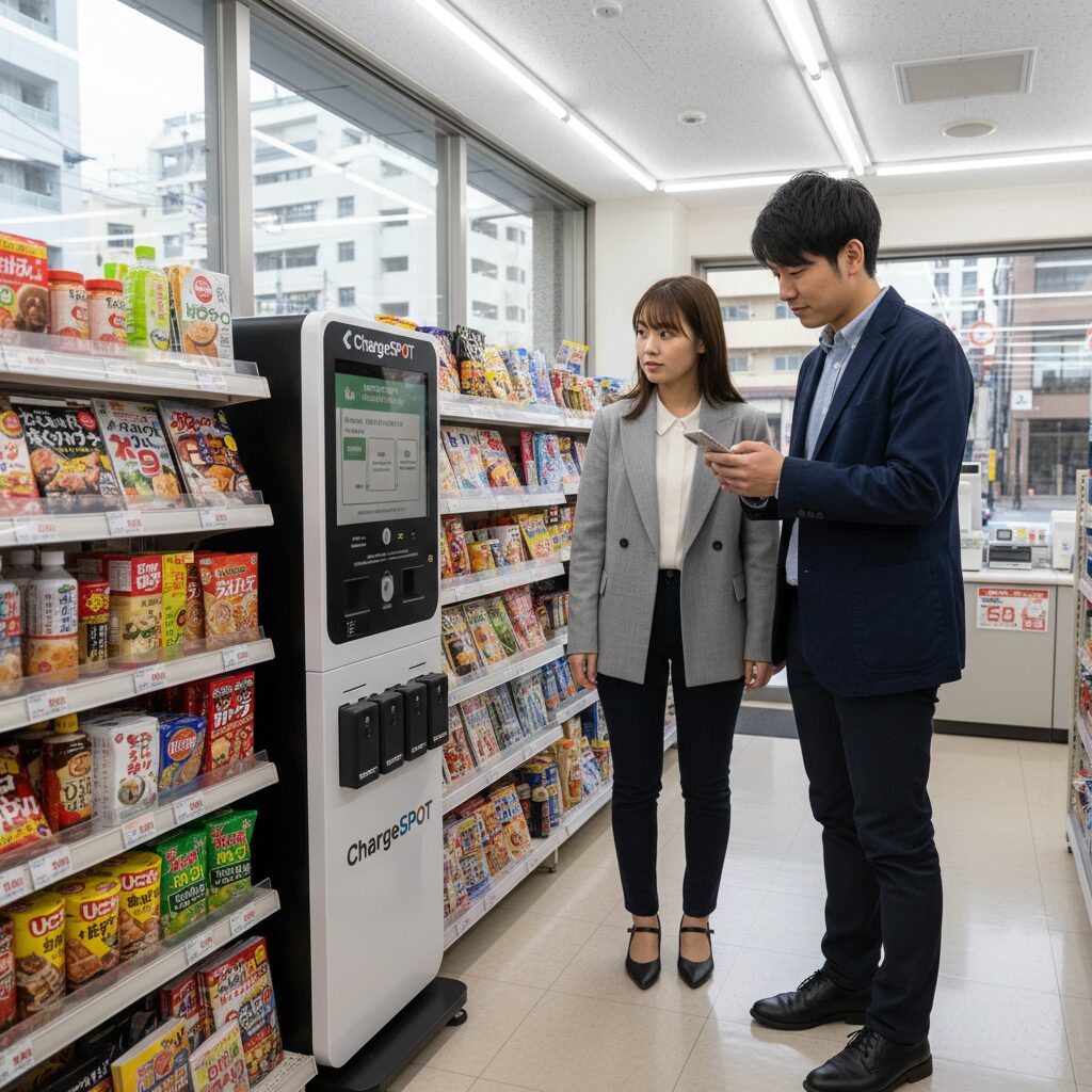 일본 편의점에 설치된 ChargeSPOT 보조배터리 대여 스테이션