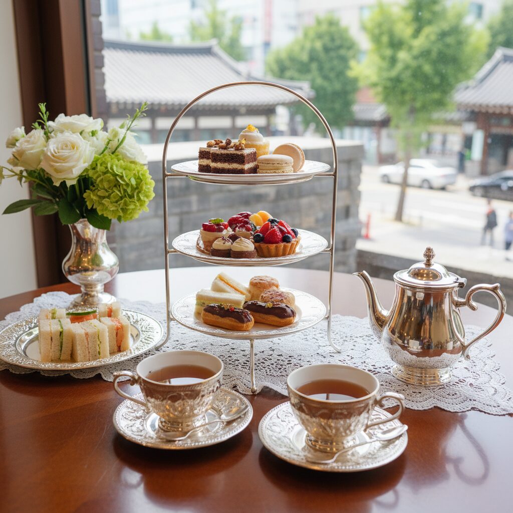 은제 찻잔과 고급스러운 디저트가 놓인 전통적인 애프터눈티 세트