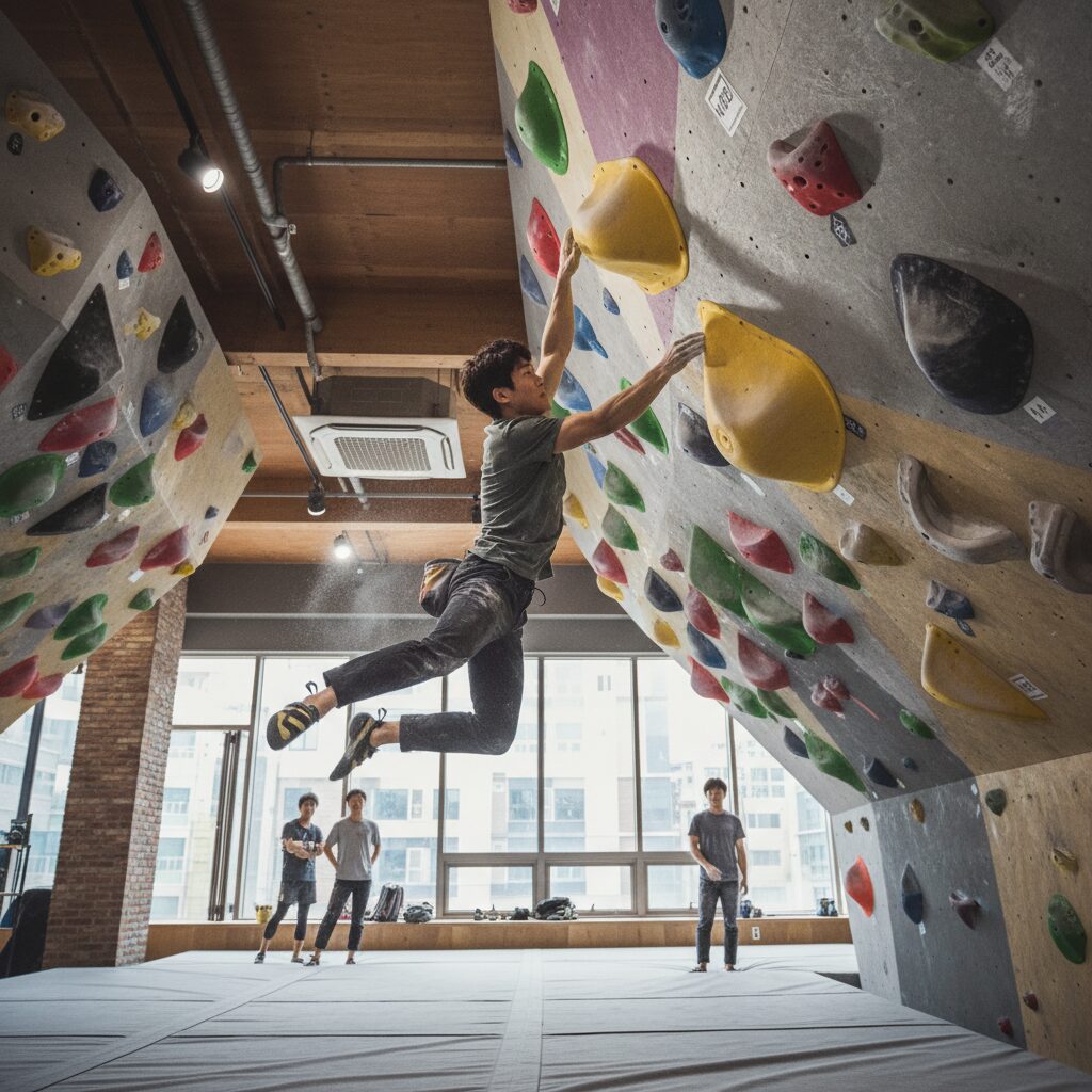 클라이머가 노루클라이밍의 다이나믹한 문제를 풀기 위해 점프하여 홀드를 잡는 순간