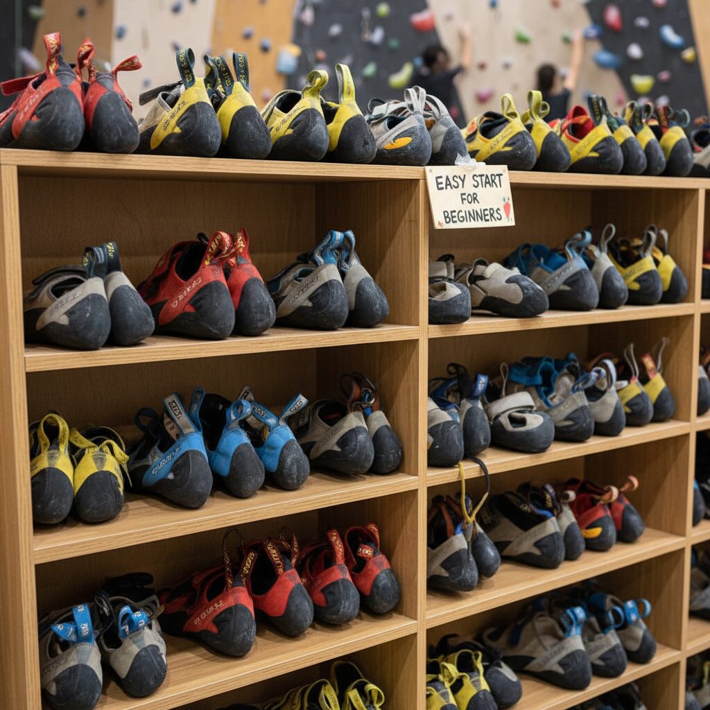 노루클라이밍 진천의 신발 대여대 위에 놓인 다양한 사이즈의 암벽화 초보자도 쉽게 시작할 수 있어요