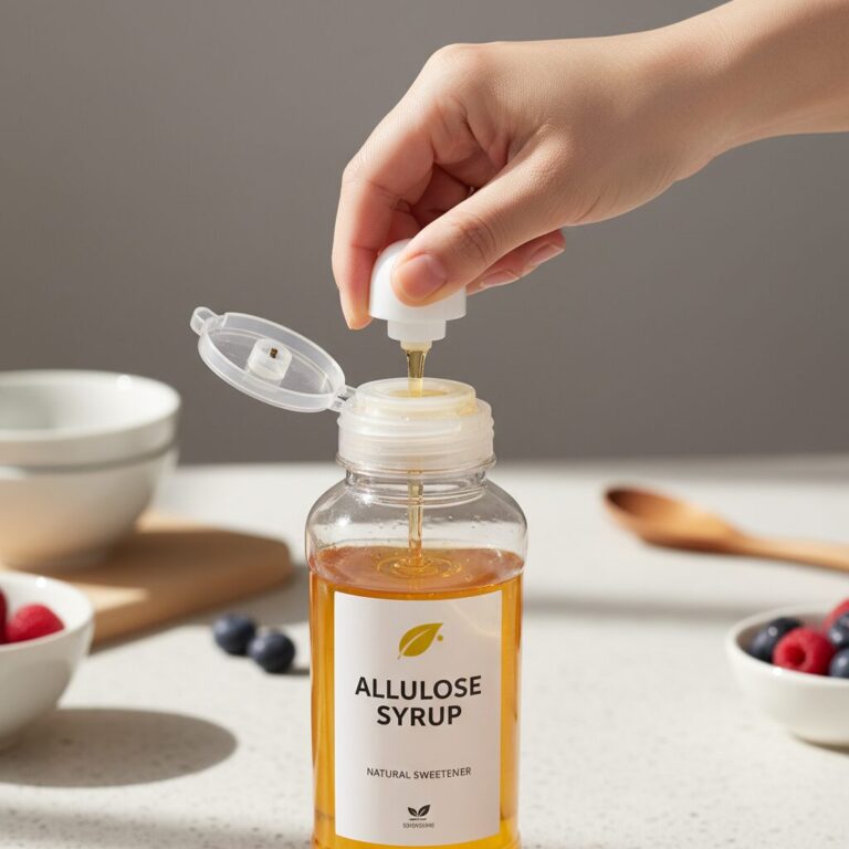 손으로 누르는 이중 캡이 부착된 알룰로스 시럽 병의 클로즈업 사진