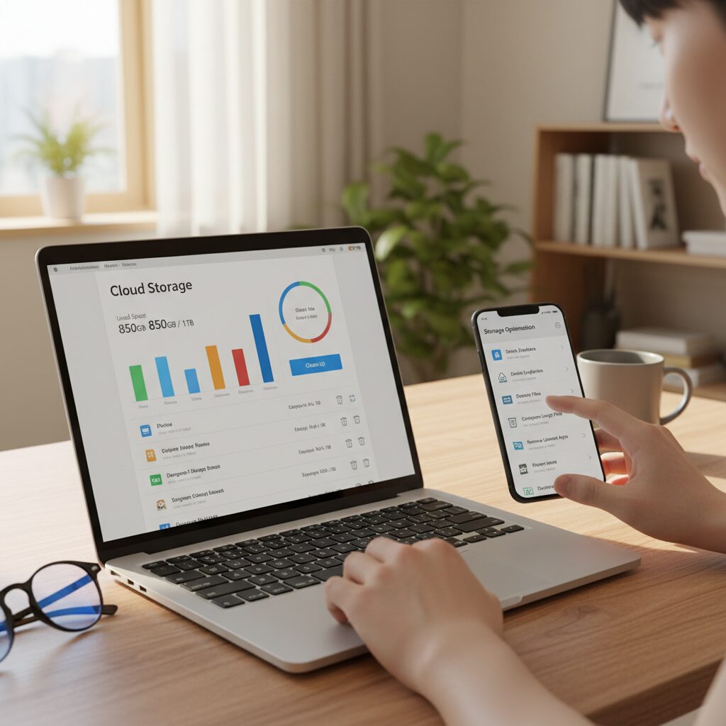 클라우드 저장공간 정리하는 방법을 보여주는 노트북과 휴대폰 화면