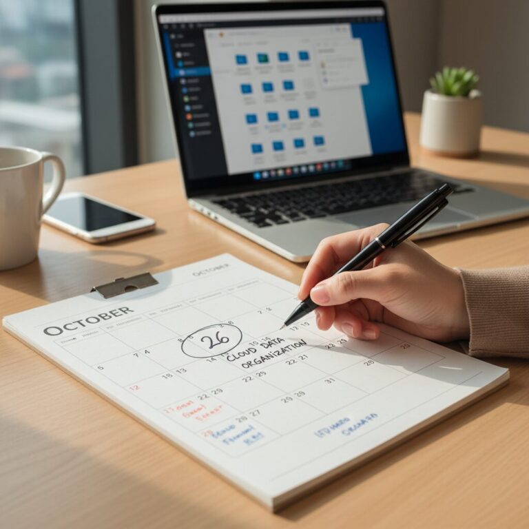 달력에 클라우드 정리 일정을 체크하는 여자의 손