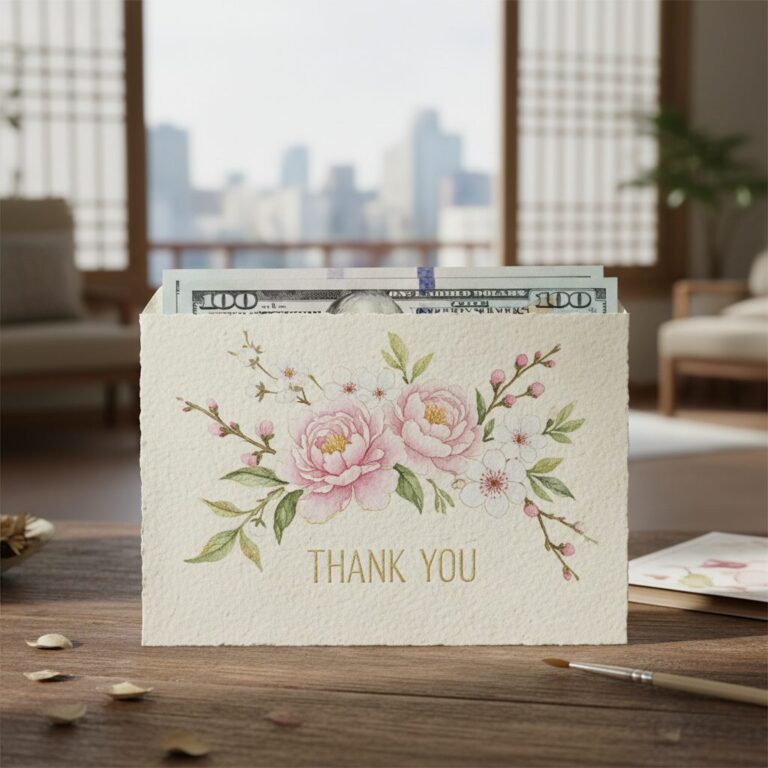 꽃과 감사 문구가 그려져 있는 수제 현금 봉투