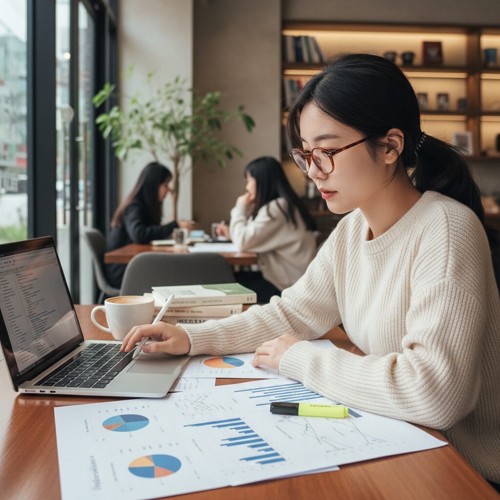 데이터 분석 공부하는 젊은 여성 노트북과 차트 자료 보며 공부하는 모습