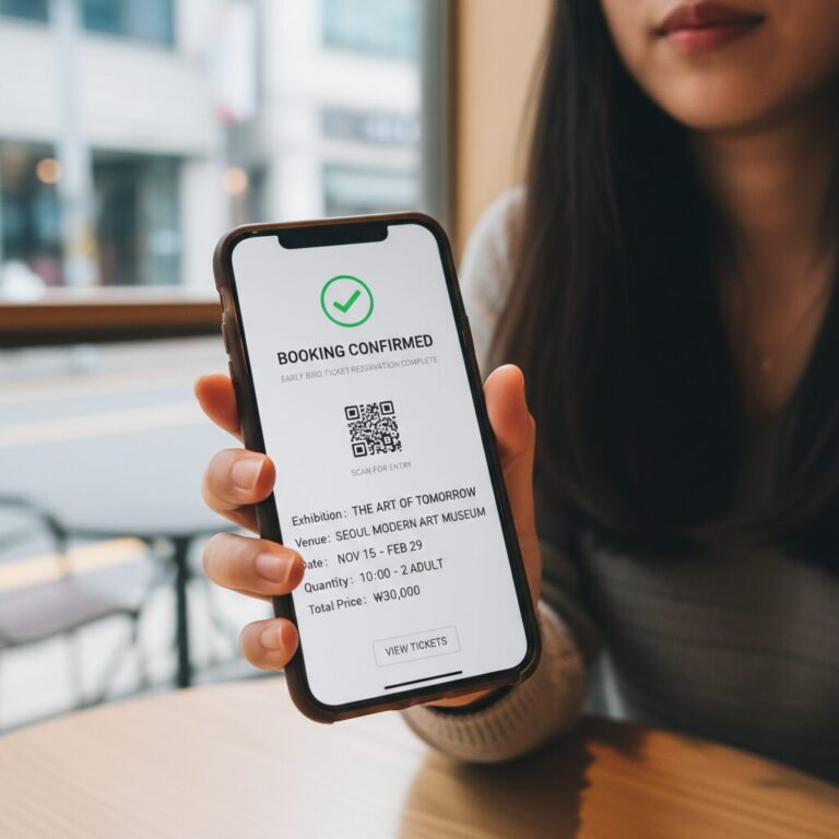 스마트폰 화면에 표시된 전시회 얼리버드 티켓 예매 완료 페이지