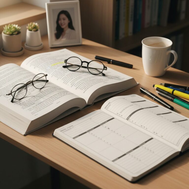 책상 위에 펼쳐진 자격증 공부 책과 플래너 필기구가 정리되어 있는 모습