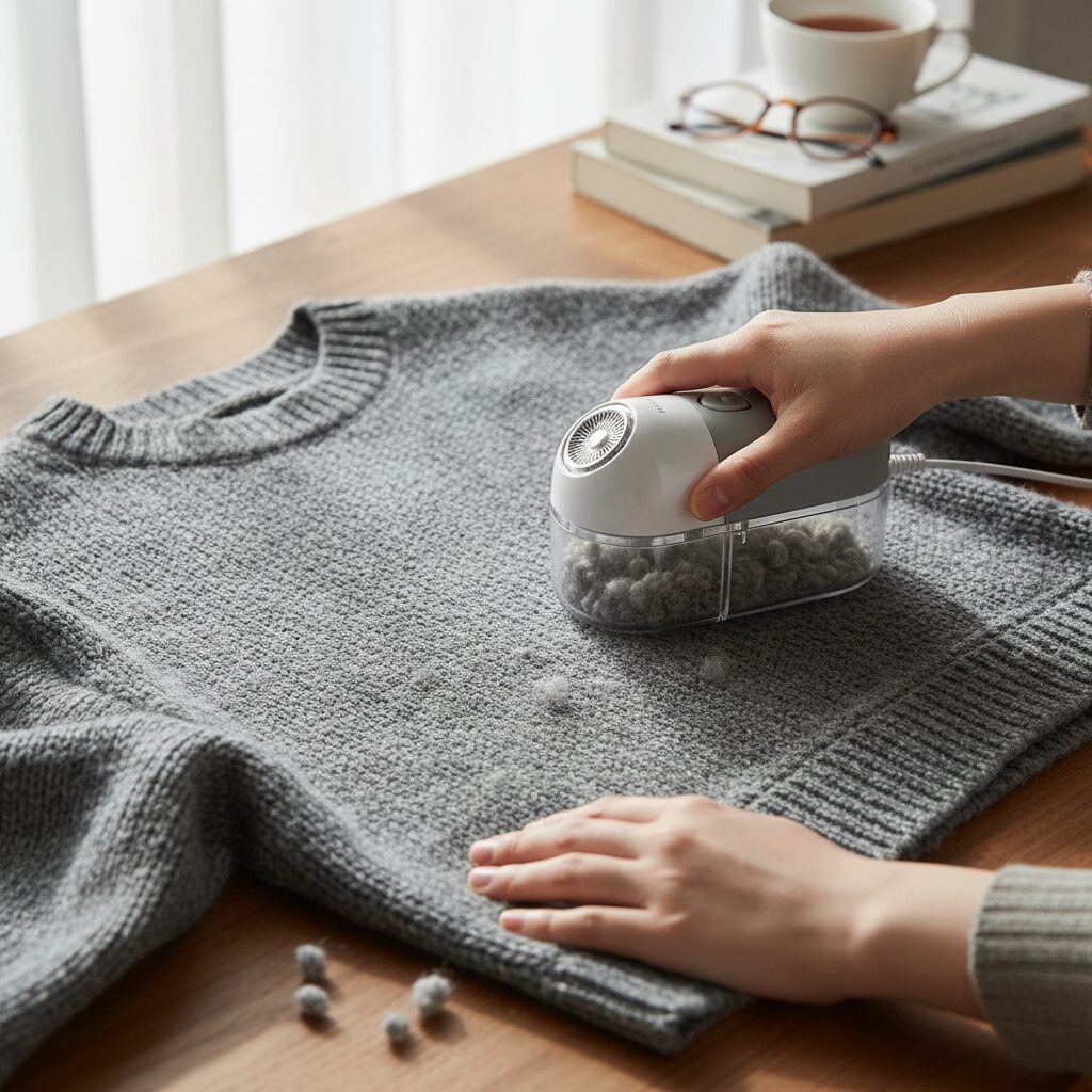 평평한 테이블 위에 펼쳐진 그레이 니트에 보풀제거기를 사용하는 모습