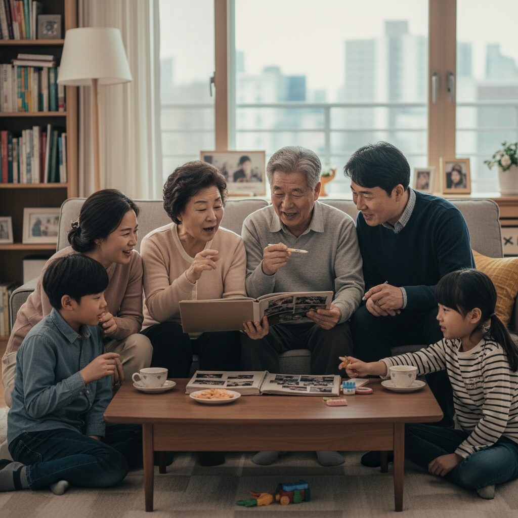 가족이 모여 앨범을 보며 퀴즈를 내는 모습