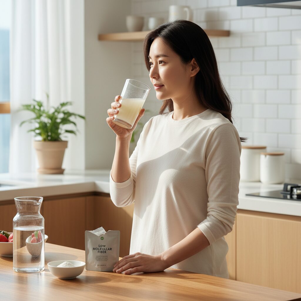 아침 공복에 저분자 식이섬유를 섭취하는 모습