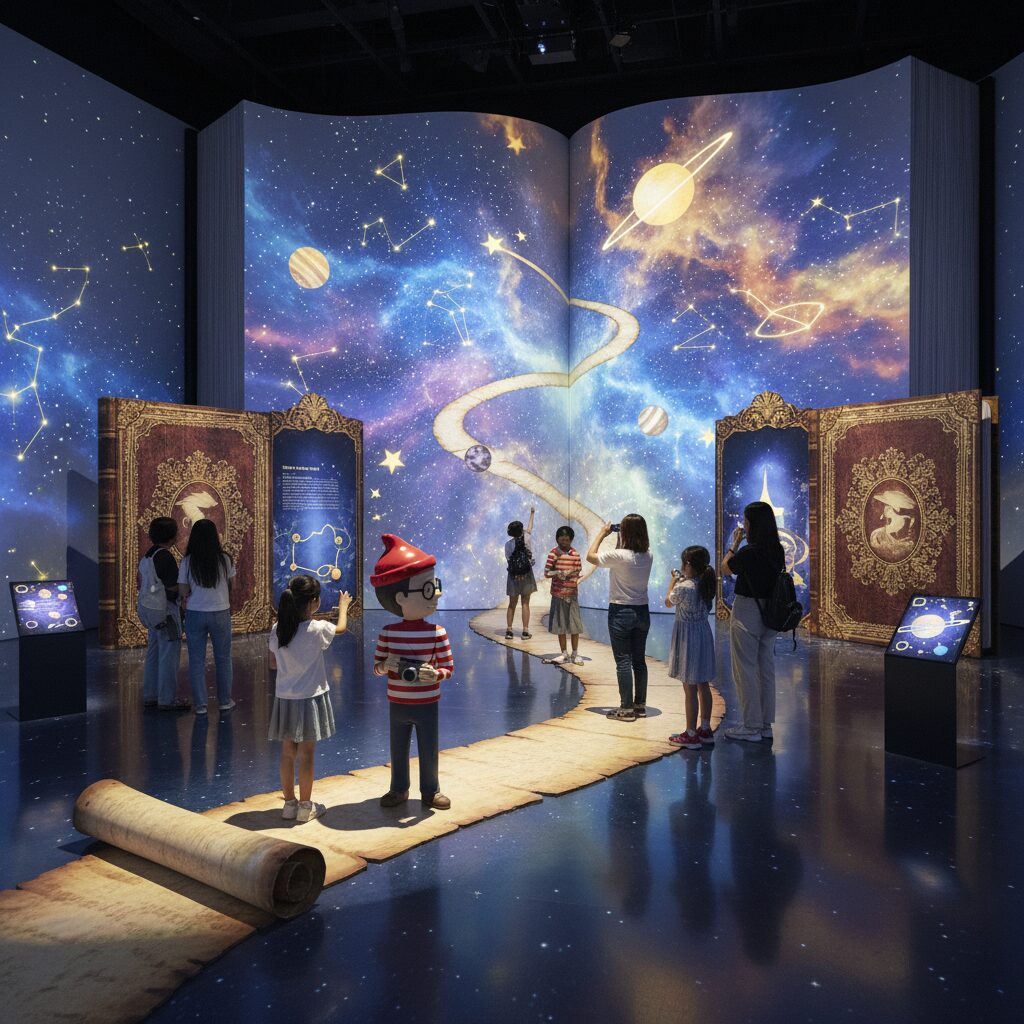 신기한 책 속 여행 전시장 내부의 우주 테마 공간과 월리 캐릭터